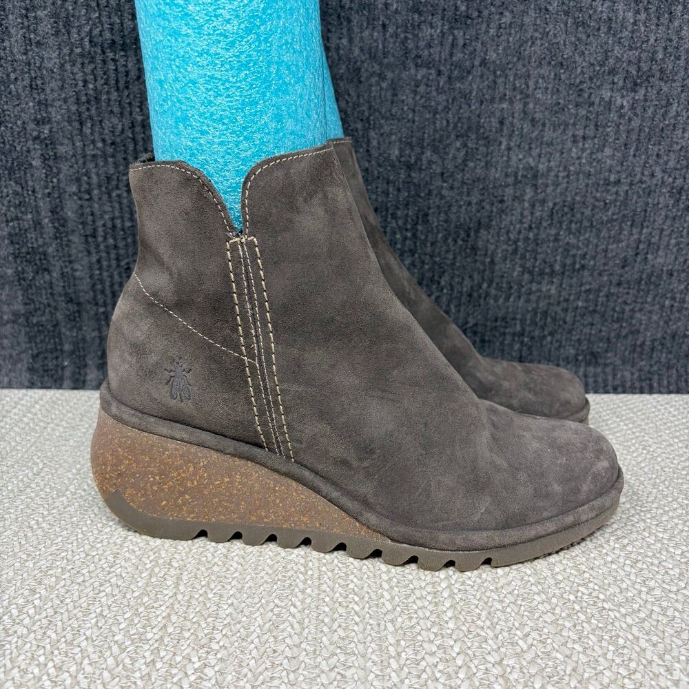 Fly London Nilo Suede Wedge Ankle Boots Zip Sludge Brown Women’s 40 US 9